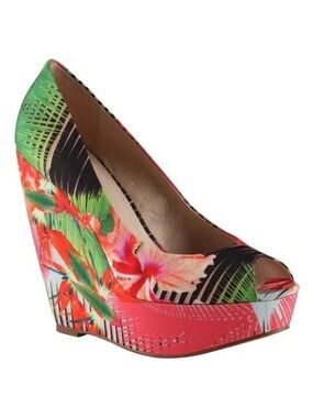 ALDO Hazinski Peep Toe Wedges Tropical Print Size 7.5